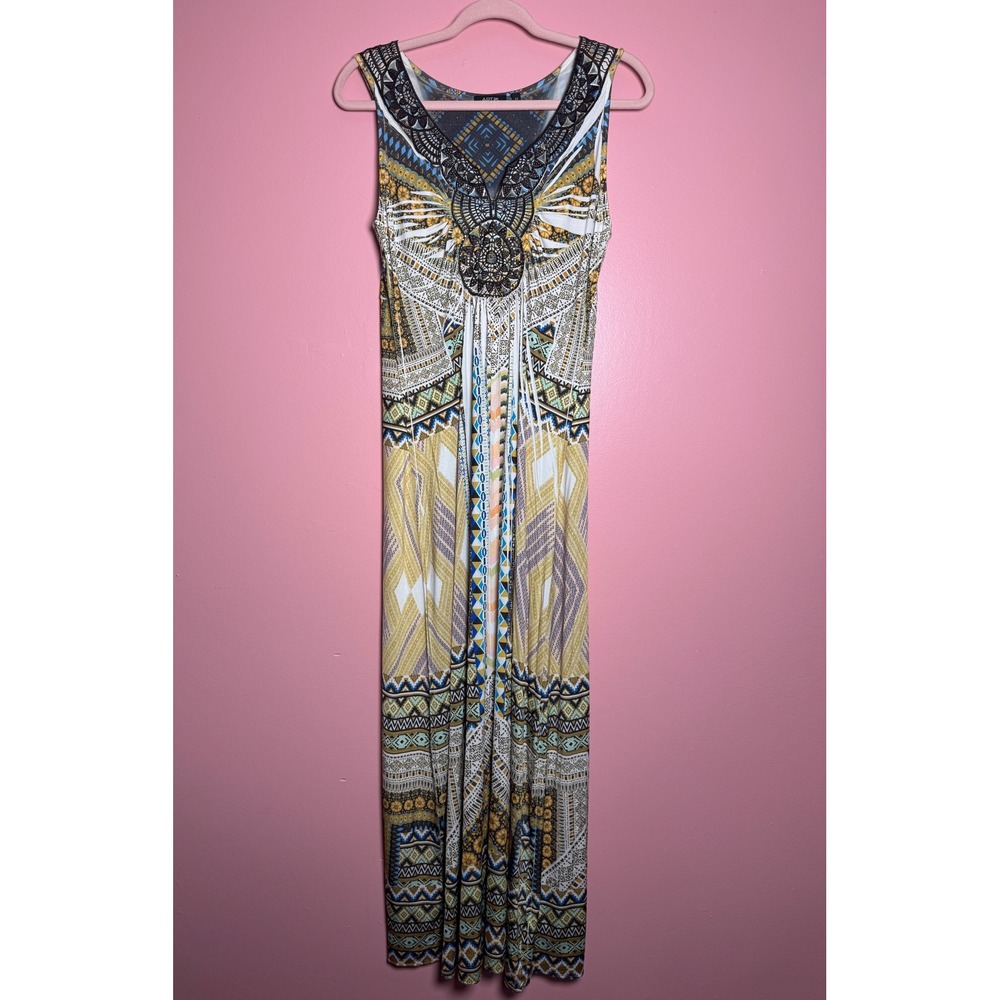 Apt. 9 Womens XS Geometric Tribal Print Rhinestone Crochet Trim Maxi Dress Boho